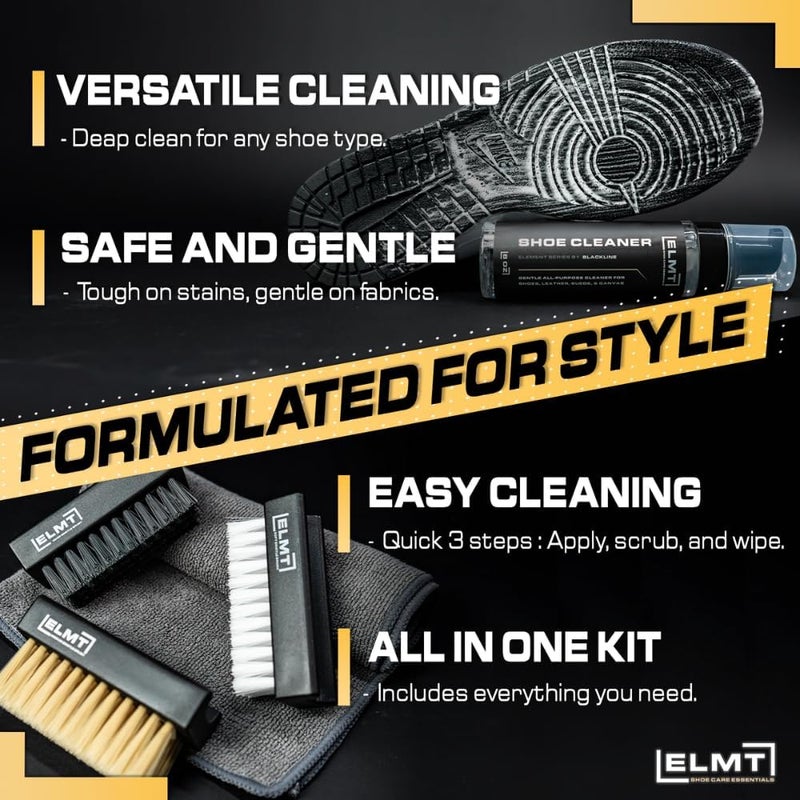 BlackLine ELMT Shoe Cleaner Kit — Ideal Sneaker, Canvas, Mesh, Nubuck, Sheepskin, Leather, Suede Shoe Cleaner — US-Made, Safe, 10X Potent Shoe Cleaning Kit (8 oz Solution, 3 Brushes, Microfiber Towel) - Image 3